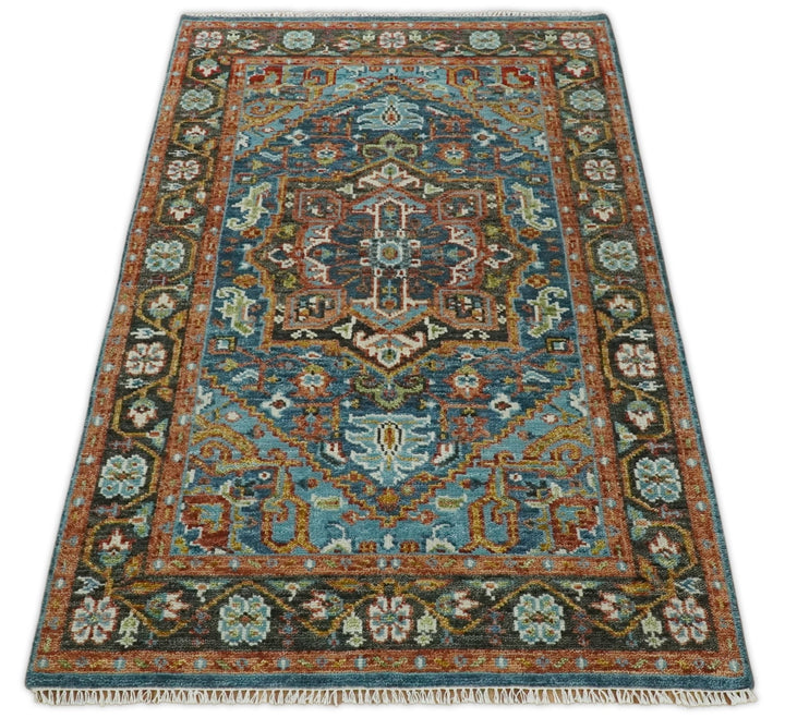 Eclectic 5x8 Wool Traditional Persian Blue and Brown Vibrant Colorful Hand knotted SerapiArea Rug | TRDCP19158 - The Rug Decor