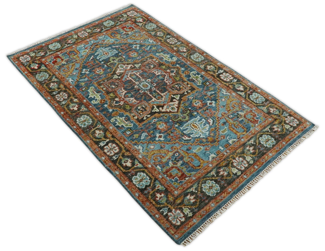 Eclectic 5x8 Wool Traditional Persian Blue and Brown Vibrant Colorful Hand knotted SerapiArea Rug | TRDCP19158 - The Rug Decor