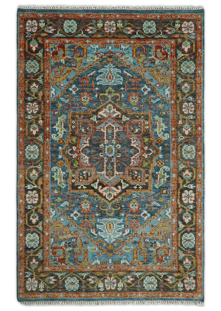 Eclectic 5x8 Wool Traditional Persian Blue and Brown Vibrant Colorful Hand knotted SerapiArea Rug | TRDCP19158 - The Rug Decor