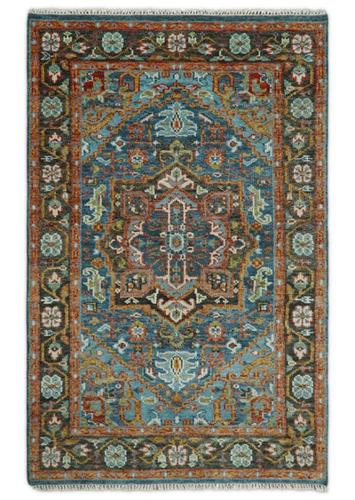 Eclectic 5x8 Wool Traditional Persian Blue and Brown Vibrant Colorful Hand knotted SerapiArea Rug | TRDCP19158 - The Rug Decor