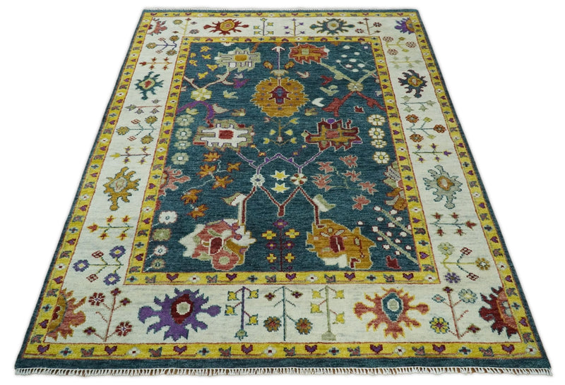 Eclectic 8x10 All Wool Traditional Persian Blue and Ivory Vibrant Colorful Hand knotted Oushak Area Rug | TRDCP161810 - The Rug Decor