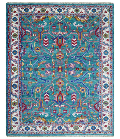 Eclectic 8x10 All Wool Traditional Persian Blue and Ivory Vibrant Colorful Hand knotted Oushak Area Rug | TRDCP185810 - The Rug Decor