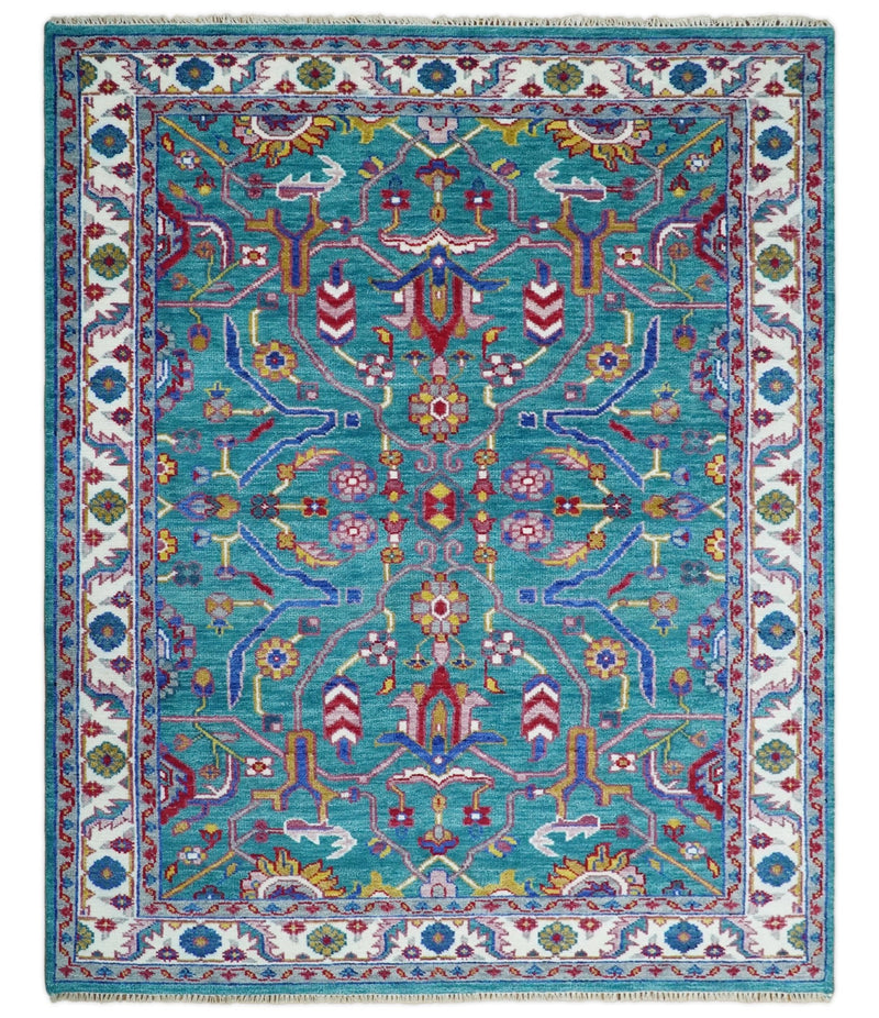 Eclectic 8x10 All Wool Traditional Persian Blue and Ivory Vibrant Colorful Hand knotted Oushak Area Rug | TRDCP185810 - The Rug Decor