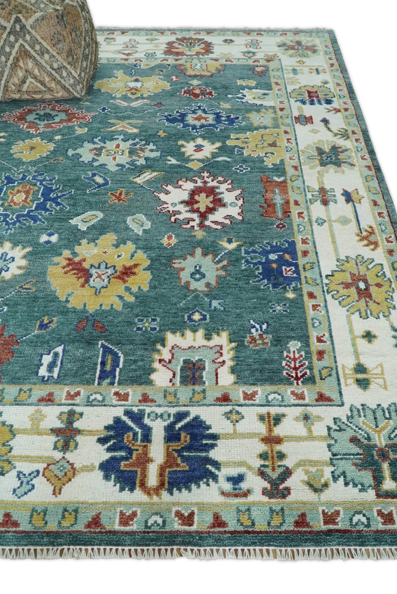 Eclectic 8x10 All Wool Traditional Persian Blue Teal and Ivory Vibrant Colorful Hand knotted Oushak Area Rug | TRDCP187810 - The Rug Decor