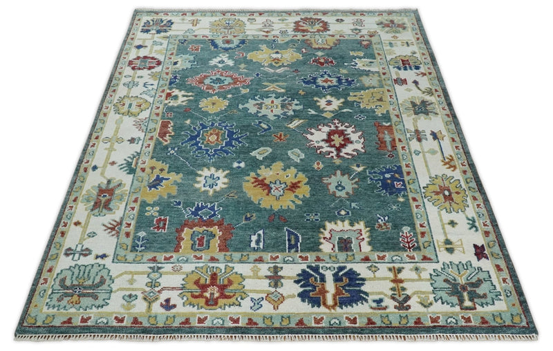 Eclectic 8x10 All Wool Traditional Persian Blue Teal and Ivory Vibrant Colorful Hand knotted Oushak Area Rug | TRDCP187810 - The Rug Decor