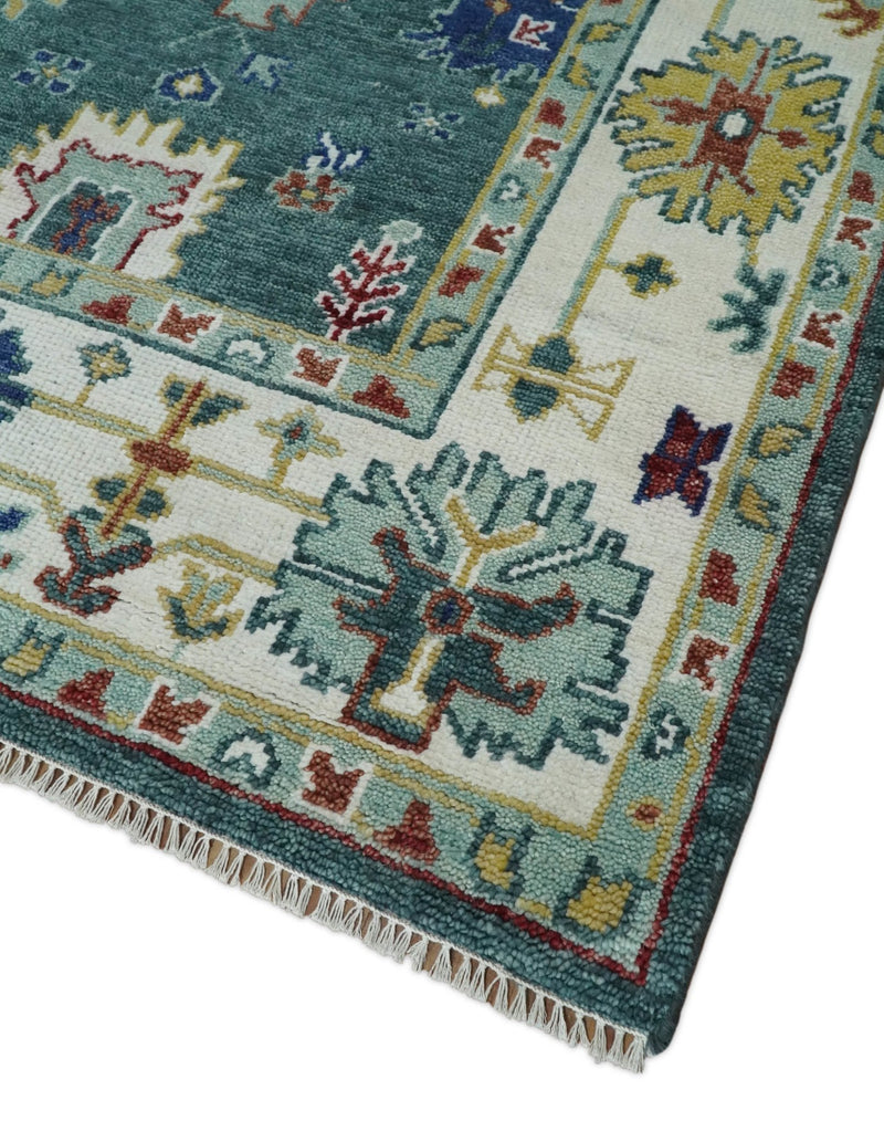 Eclectic 8x10 All Wool Traditional Persian Blue Teal and Ivory Vibrant Colorful Hand knotted Oushak Area Rug | TRDCP187810 - The Rug Decor
