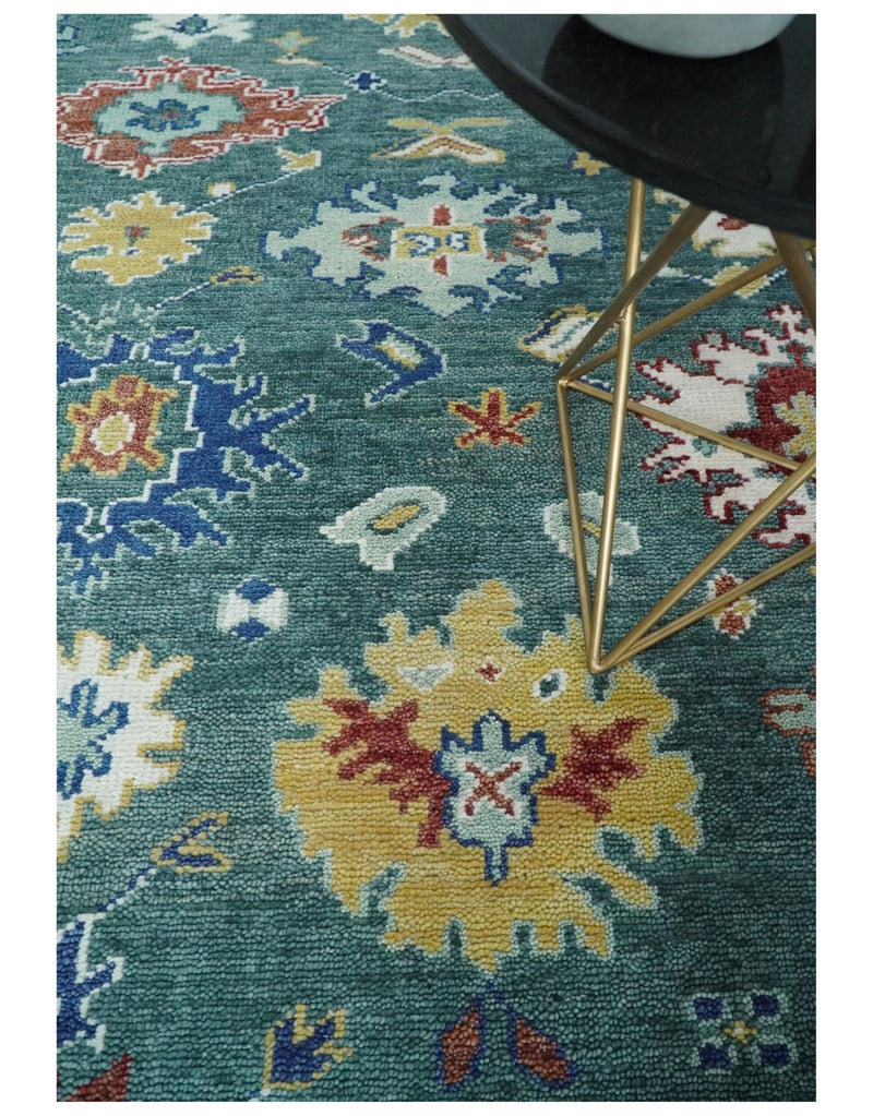 Eclectic 8x10 All Wool Traditional Persian Blue Teal and Ivory Vibrant Colorful Hand knotted Oushak Area Rug | TRDCP187810 - The Rug Decor