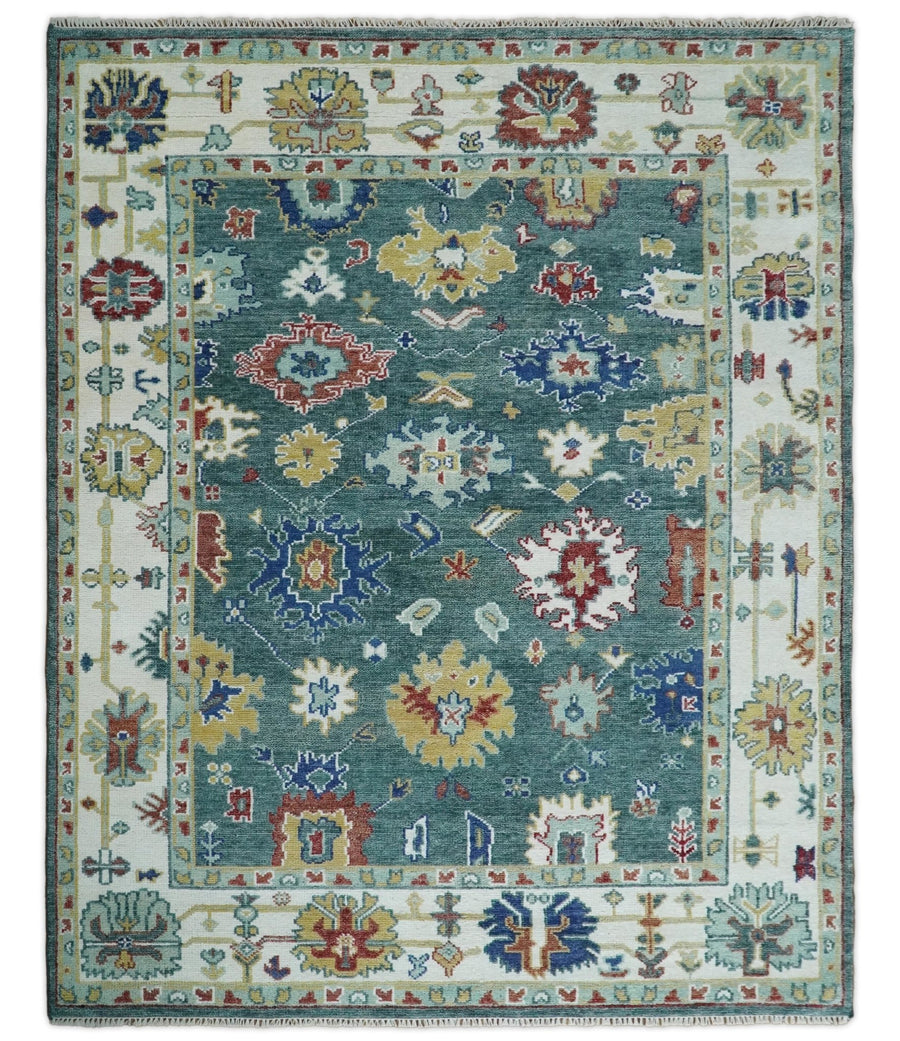 Eclectic 8x10 All Wool Traditional Persian Blue Teal and Ivory Vibrant Colorful Hand knotted Oushak Area Rug | TRDCP187810 - The Rug Decor