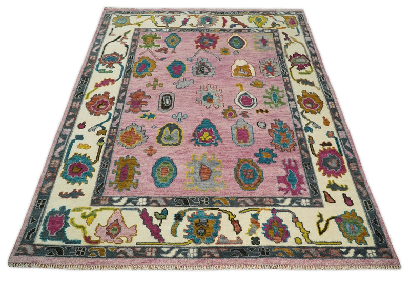 Eclectic 8x10 All Wool Traditional Persian Pink and Ivory Vibrant Colorful Hand knotted Oushak Area Rug | TRDCP674810 - The Rug Decor