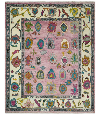 Eclectic 8x10 All Wool Traditional Persian Pink and Ivory Vibrant Colorful Hand knotted Oushak Area Rug | TRDCP674810 - The Rug Decor