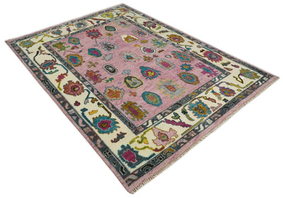 Eclectic 8x10 All Wool Traditional Persian Pink and Ivory Vibrant Colorful Hand knotted Oushak Area Rug | TRDCP674810 - The Rug Decor