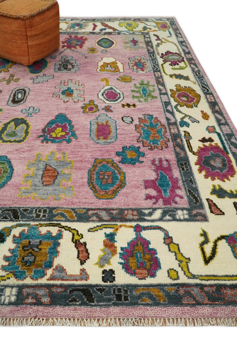 Eclectic 8x10 All Wool Traditional Persian Pink and Ivory Vibrant Colorful Hand knotted Oushak Area Rug | TRDCP674810 - The Rug Decor