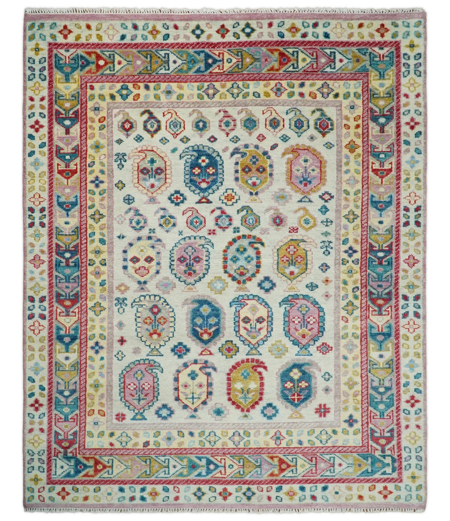 Eclectic 8x10 All Wool Traditional Persian Pink, Blue and Ivory Vibrant Colorful Hand knotted Persian Area Rug | TRDCP160810 - The Rug Decor