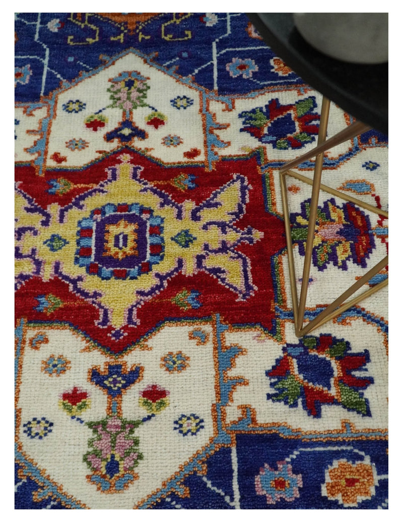 Eclectic 8x10 Hand Knotted Blue and Rust Vibrant Colorful Persian heriz Serapi Rug | TRDCP670810 - The Rug Decor