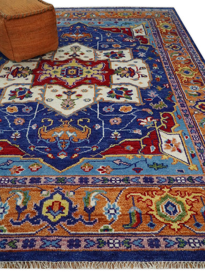 Eclectic 8x10 Hand Knotted Blue and Rust Vibrant Colorful Persian heriz Serapi Rug | TRDCP670810 - The Rug Decor