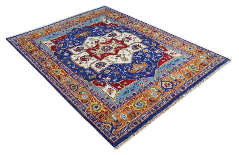 Eclectic 8x10 Hand Knotted Blue and Rust Vibrant Colorful Persian heriz Serapi Rug | TRDCP670810 - The Rug Decor