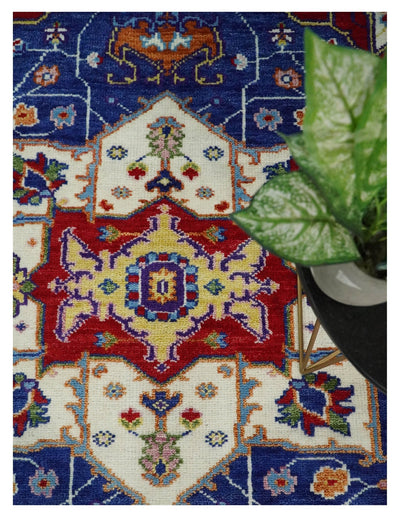 Eclectic 8x10 Hand Knotted Blue and Rust Vibrant Colorful Persian heriz Serapi Rug | TRDCP670810 - The Rug Decor