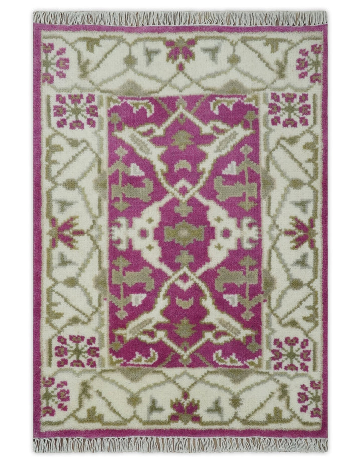 Entryway 2x3 Pink and Ivory Hand Knotted Oriental Oushak Wool Area Rug - The Rug Decor