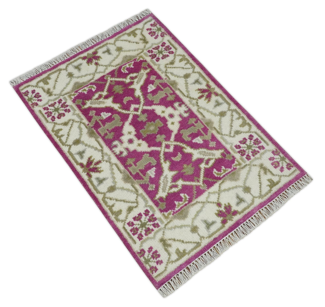 Entryway 2x3 Pink and Ivory Hand Knotted Oriental Oushak Wool Area Rug - The Rug Decor