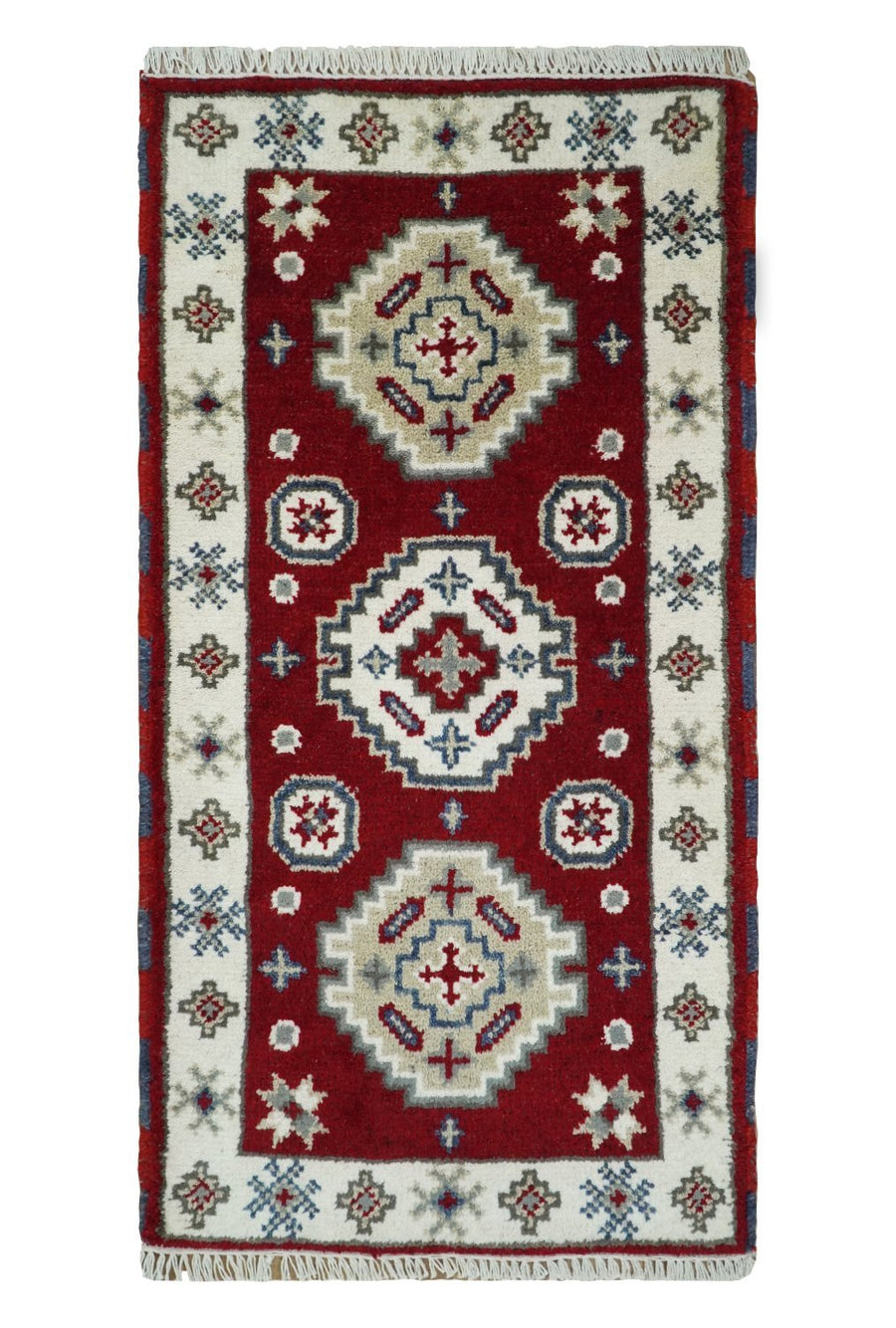 Entryway 2x4 Red and Ivory Wool Hand Knotted traditional Persian Vintage Antique Southwestern Kazak | TRDCP28424 - The Rug Decor