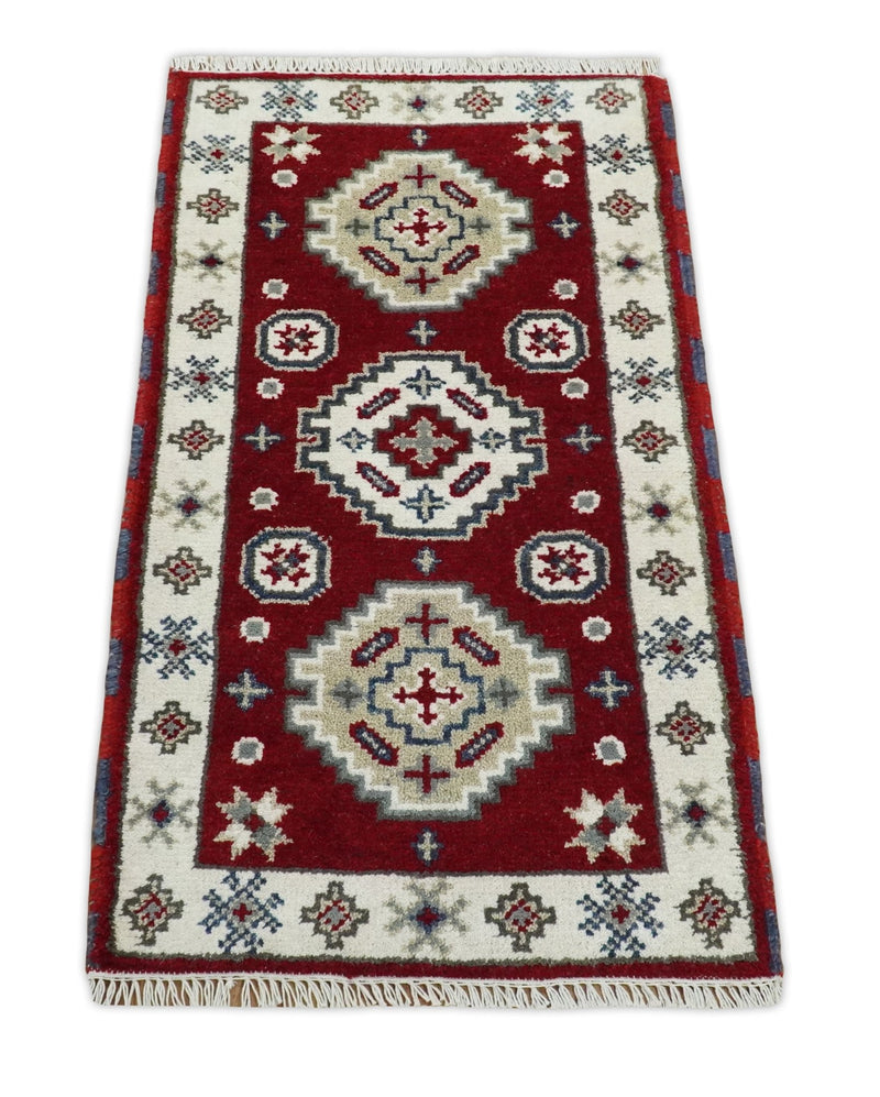 Entryway 2x4 Red and Ivory Wool Hand Knotted traditional Persian Vintage Antique Southwestern Kazak | TRDCP28424 - The Rug Decor