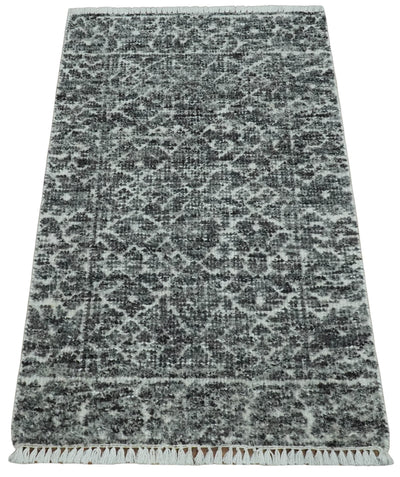 Entryway Rug High Low 2x3 Hand Knotted Ivory and Charcoal Traditional Wool Rug - The Rug Decor