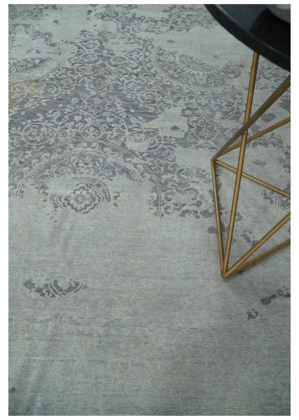 Erased Abstract 8x10 Silver, Blue and Brown Antique Style, Traditional Low Pile Hand Knotted Wool Rug - The Rug Decor