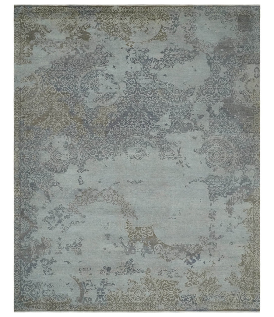 Erased Abstract 8x10 Silver, Blue and Brown Antique Style, Traditional Low Pile Hand Knotted Wool Rug - The Rug Decor