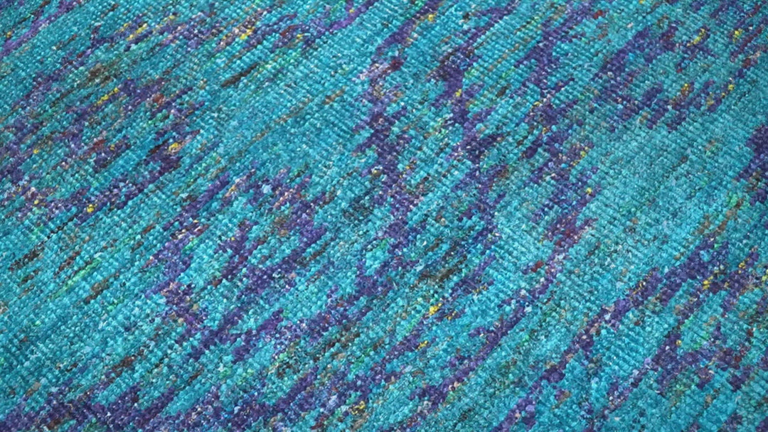 8x10 and 9x12 Hand Knotted Teal Blue and Violet Modern Contemporary Southwestern Tribal Trellis Recycled Silk Area Rug | OP10