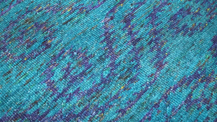 8x10 and 9x12 Hand Knotted Teal Blue and Violet Modern Contemporary Southwestern Tribal Trellis Recycled Silk Area Rug | OP10