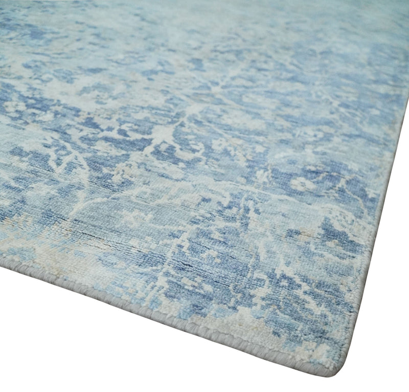 Fine 10x13 Ivory and blue Modern Abstract Hand Knotted Blended Wool and Art silk Area Rug - The Rug Decor
