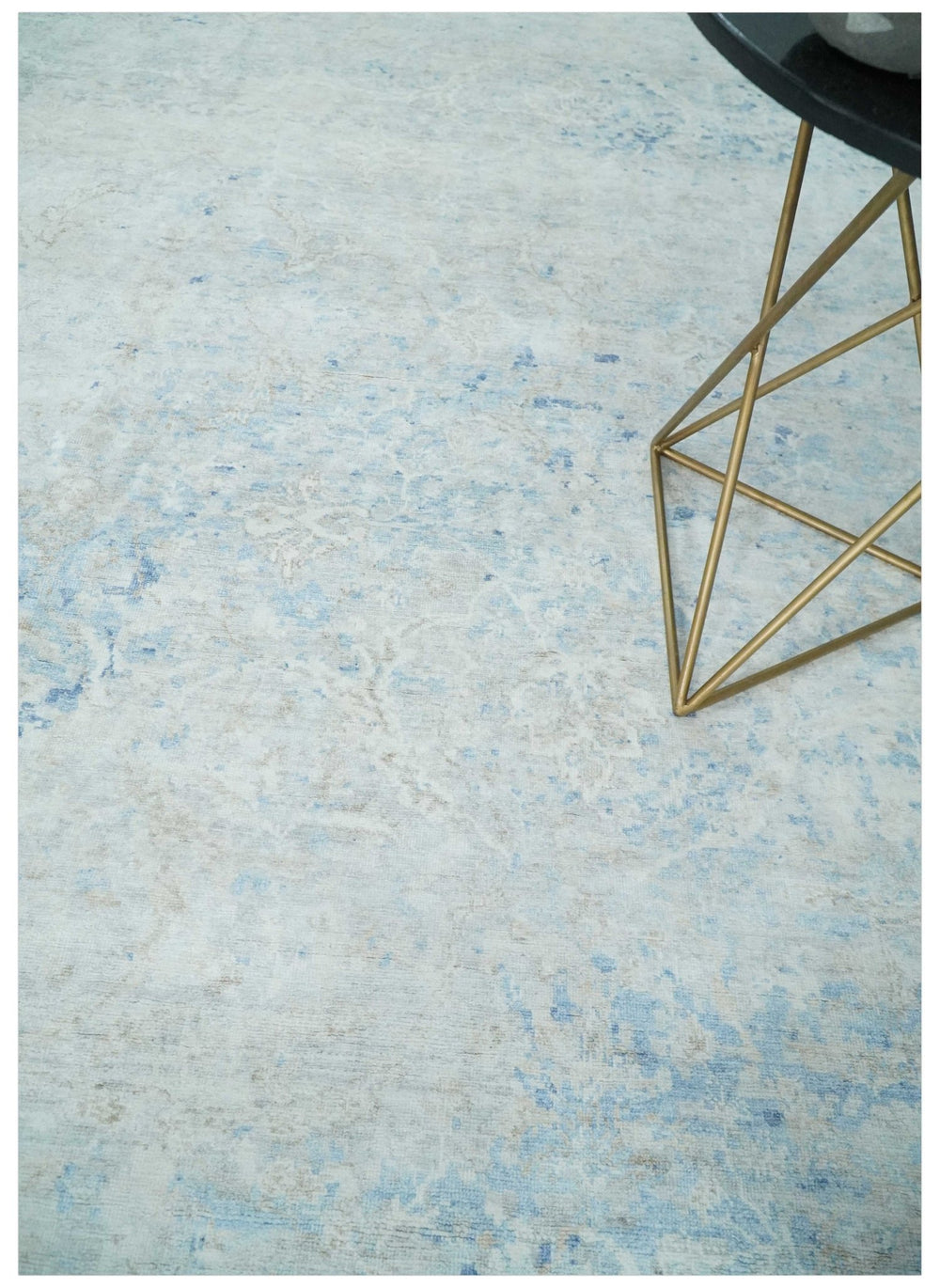 Fine 10x13 Ivory and blue Modern Abstract Hand Knotted Blended Wool and Art silk Area Rug - The Rug Decor
