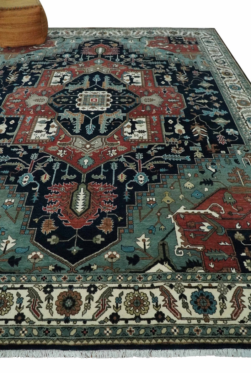 Fine 9x12 Hand Knotted Brown, Black, Blue and Ivory Traditional Wool Area Rug - The Rug Decor