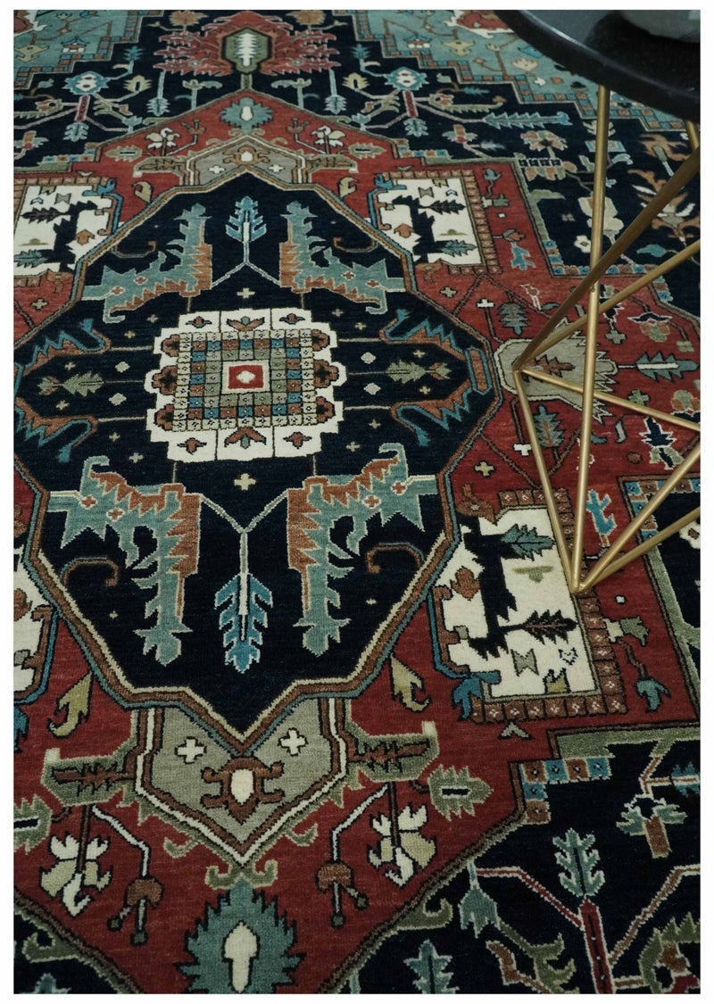 Fine 9x12 Hand Knotted Brown, Black, Blue and Ivory Traditional Wool Area Rug - The Rug Decor