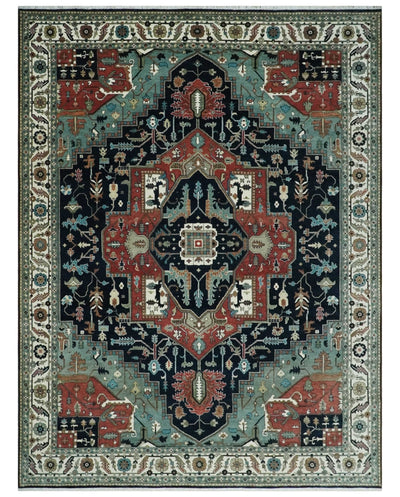 Fine 9x12 Hand Knotted Brown, Black, Blue and Ivory Traditional Wool Area Rug - The Rug Decor