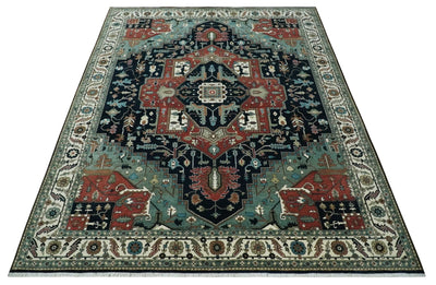 Fine 9x12 Hand Knotted Brown, Black, Blue and Ivory Traditional Wool Area Rug - The Rug Decor