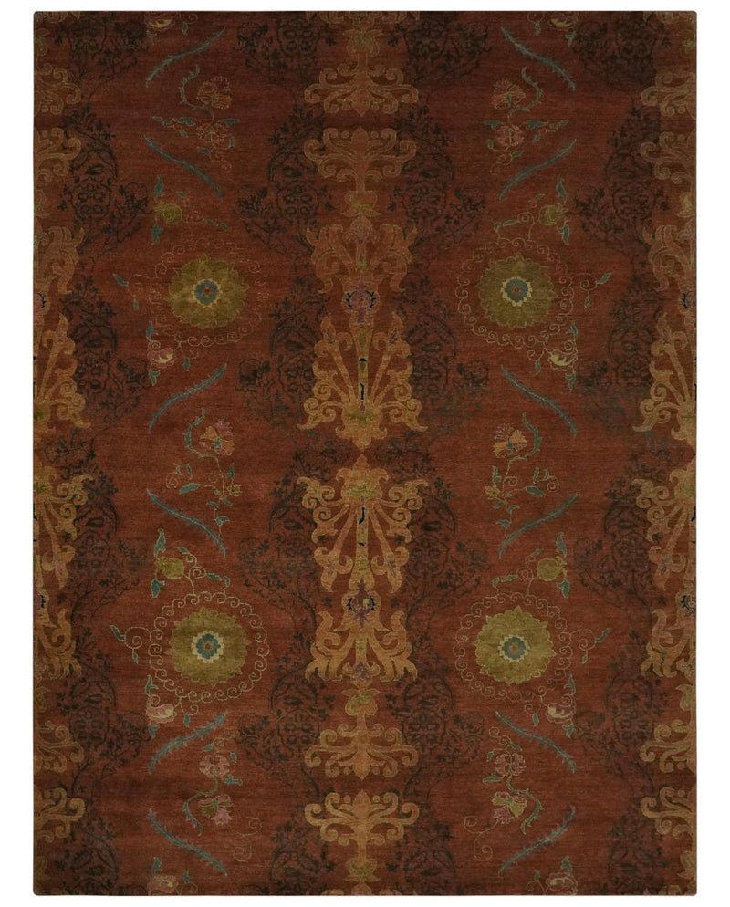 Fine Antique Style Brown, Rust and Green Traditional Ikat design Hand knotted wool Area Rug - The Rug Decor