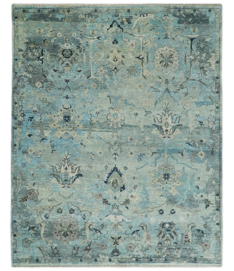 Fine Antique Turkish Oushak 8x10 Beige and Blue Abstract Hand Knotted Large Wool Area Rug | TRDCP458810 - The Rug Decor