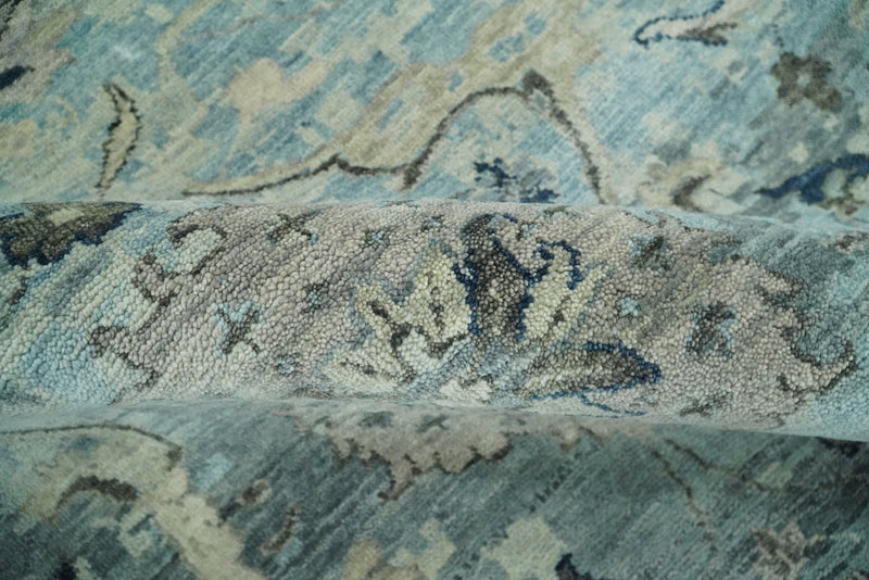 Fine Antique Turkish Oushak 8x10 Beige and Blue Abstract Hand Knotted Large Wool Area Rug | TRDCP458810 - The Rug Decor
