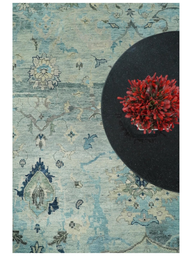 Fine Antique Turkish Oushak 8x10 Beige and Blue Abstract Hand Knotted Large Wool Area Rug | TRDCP458810 - The Rug Decor
