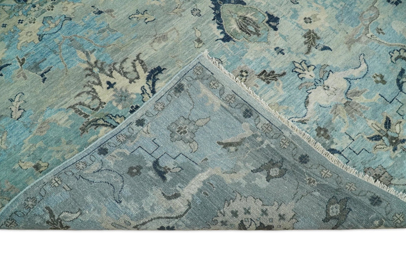 Fine Antique Turkish Oushak 8x10 Beige and Blue Abstract Hand Knotted Large Wool Area Rug | TRDCP458810 - The Rug Decor