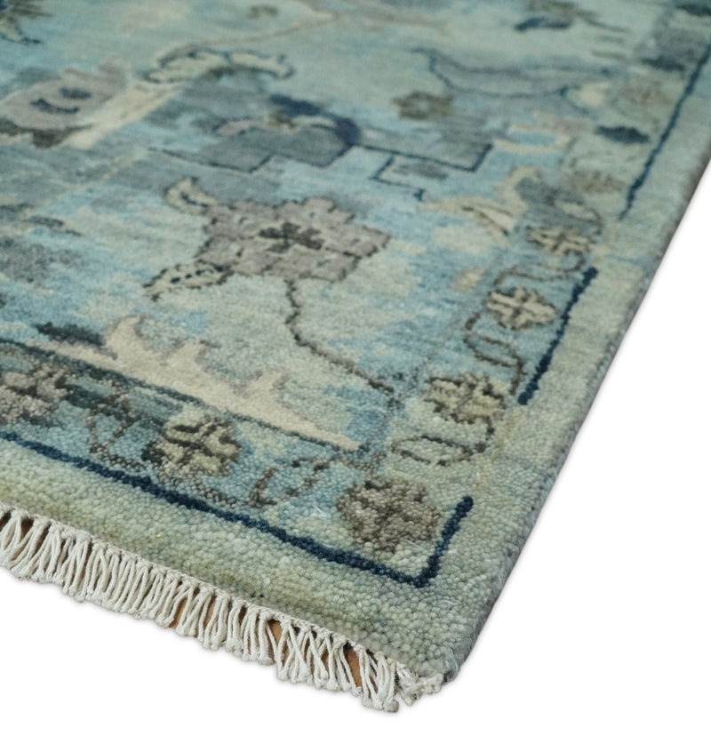 Fine Antique Turkish Oushak 8x10 Beige and Blue Abstract Hand Knotted Large Wool Area Rug | TRDCP458810 - The Rug Decor