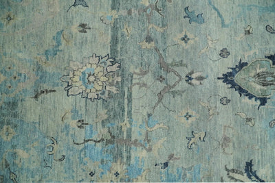 Fine Antique Turkish Oushak 8x10 Beige and Blue Abstract Hand Knotted Large Wool Area Rug | TRDCP458810 - The Rug Decor