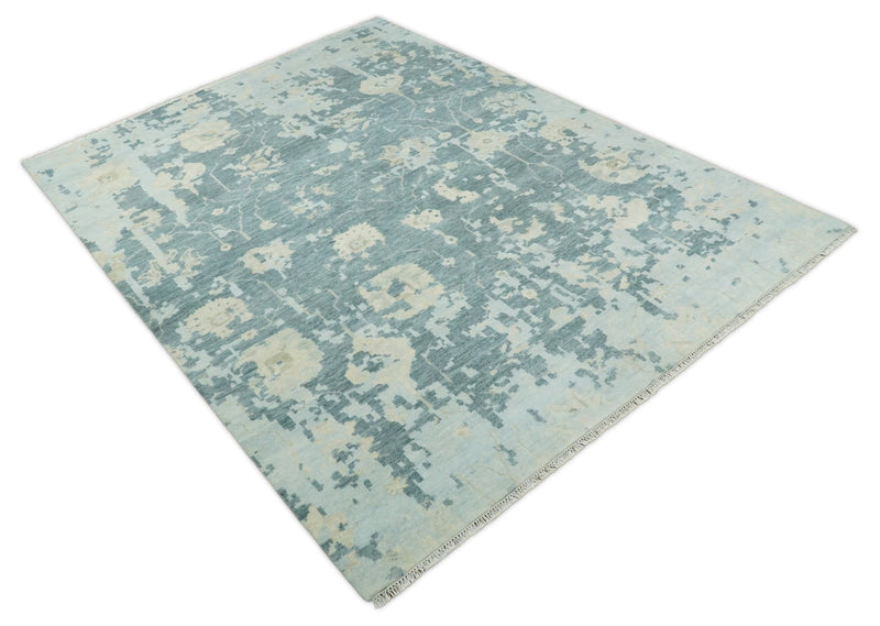 Fine Antique Turkish Oushak 8x10 Beige and Blue Abstract Hand Knotted Large Wool Area Rug | TRDCP506912 - The Rug Decor