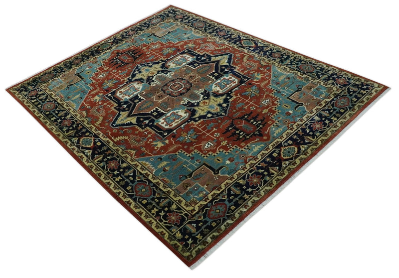 Fine Blue, Brown and Teal Traditional Floral Hand knotted 8x10 wool Area Rug - The Rug Decor