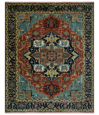 Fine Blue, Brown and Teal Traditional Floral Hand knotted 8x10 wool Area Rug - The Rug Decor