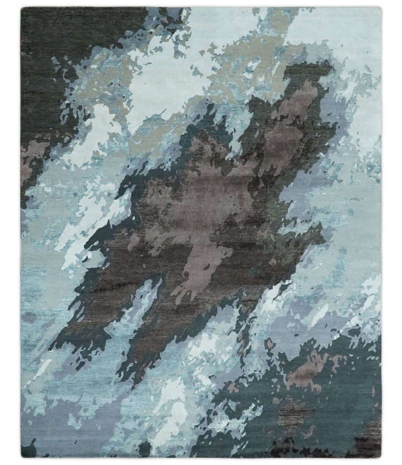 Fine Hand knotted And Carved Brown and Aqua Abstract Bamboo Silk 8x10 Area Rug - The Rug Decor