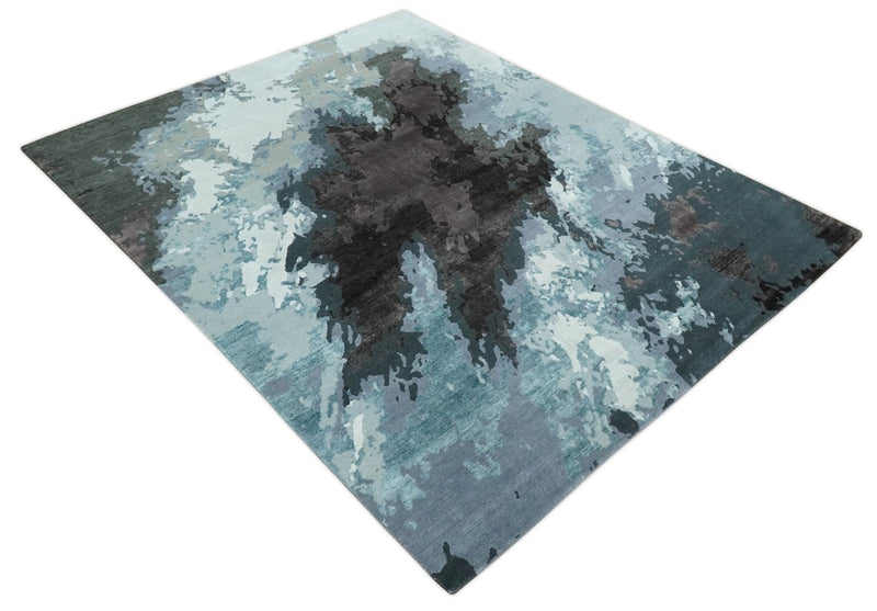 Fine Hand knotted And Carved Brown and Aqua Abstract Bamboo Silk 8x10 Area Rug - The Rug Decor
