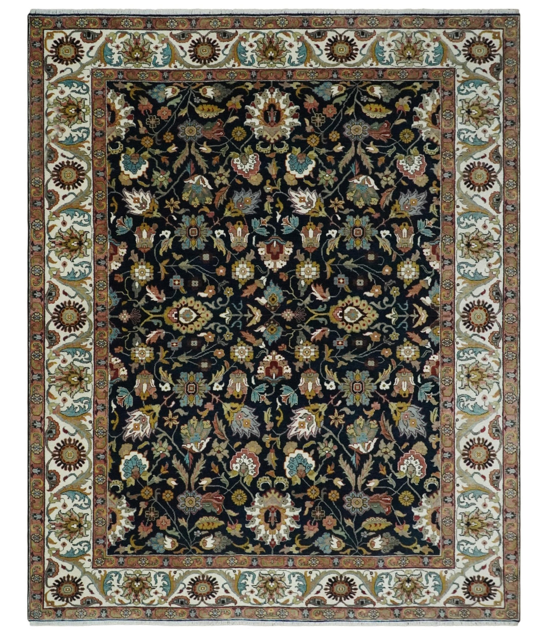 Fine Hand Knotted Black and Ivory 8x10 Traditional Wool Area Rug - The Rug Decor