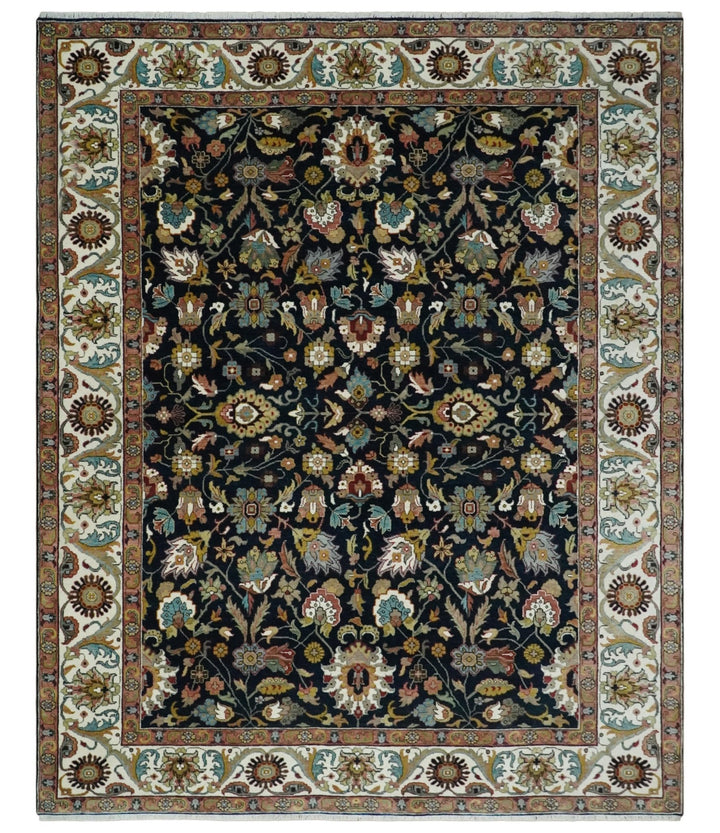 Fine Hand Knotted Black and Ivory 8x10 Traditional Wool Area Rug - The Rug Decor
